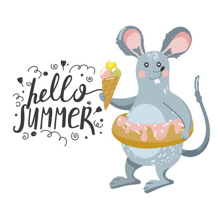 Cute rat with ice cream and swimming ring. Summer time. Stylish typography slogan design "hello summer" sign. Vector illustration on white background.のイラスト素材