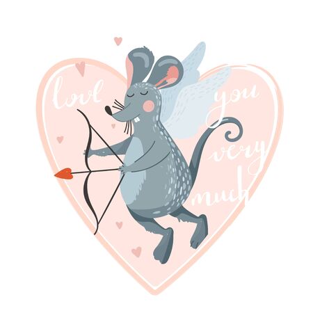 Greeting day card with cute rat cupid shoots a bow. Stylish typography slogan design "love you very much" sign. Heart shape composition. Vector illustration.のイラスト素材