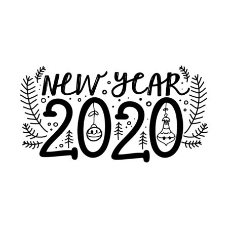 New Year 2020 calligraphy phrase. Merry Christmas lettering with doddle elements for greeting card, poster, sticker etc. Vector illustration on white background.のイラスト素材