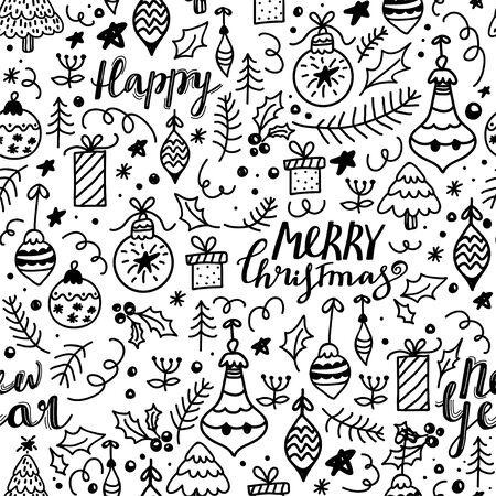 Merry Christmas and Happy New Year seamless pattern with calligraphy phrase, Christmas ball, tree, gift, holly leaves and decoration doodle elements. Texture for textile, postcard, wrapping paper, packaging etc. Vector illustration on white background.のイラスト素材