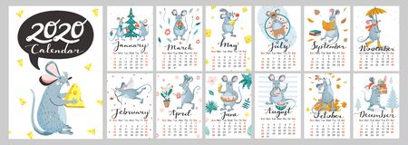 Monthly calendar template with illustrations of funny mouse. Rat is symbol of the 2020 year Chinese calendar. Weeks start on Sunday. Vector illustration.のイラスト素材