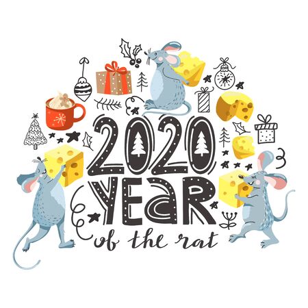 Greeting card for New Year with cute mouse  lettering, gift, cacao drink and doodle elements. Rat is Chinese symbol 2020 year. Merry Christmas card. Vector illustration.のイラスト素材