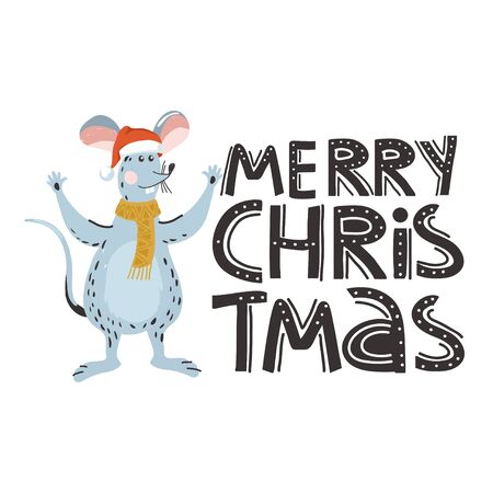 Rat is Chinese symbol 2020 year. Calligraphy phrase "Merry Christmas". Creative composition for holiday greeting poster, sticker, card, banner etc. Vector illustration.のイラスト素材