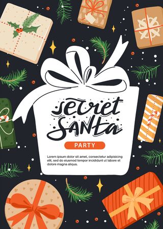 Secret Santa invitation template with present, fir-tree branch, berry and star. Gift box shape with stylish lettering and copy space. Design concept for invitation, poster, banner etc. Vector.のイラスト素材