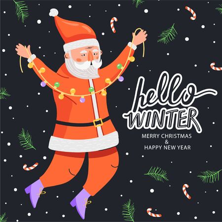 Merry Christmas and Happy New Year illustration. Funny happy Santa Claus character with garland, candy, fir-tree branch and stylish lettering. Design for postcard, invitation, poster etc. Vector.のイラスト素材