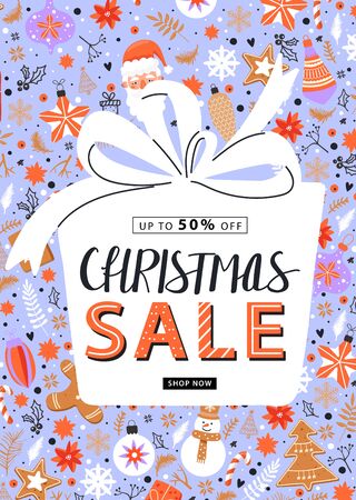 Christmas sale poster. Tree toy, Santa, candy, fir-tree branch, ginger cookie, snowflake, gift, flower and decoration elements. Design for invitation, website, poster, banner, coupons etc. Vector.のイラスト素材