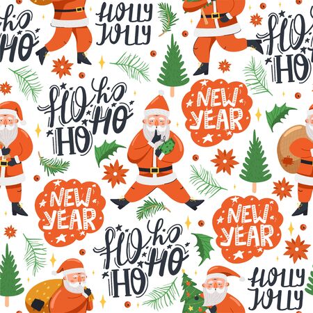 Merry Christmas and Happy New Year background. Seamless pattern with Santa Claus, fir-tree, gift, floral element and lettering composition. Texture for textile, postcard, wrapping paper, packaging etc. Vector illustration.のイラスト素材
