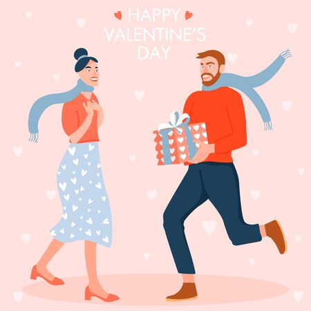 Valentine's day card with happy couple. Man giving to his woman a gift box. Vector illustration.のイラスト素材