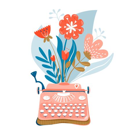 Valentine's day greeting card. Typewriter with cute bouquet of flowers. Vector illustration on white background.のイラスト素材