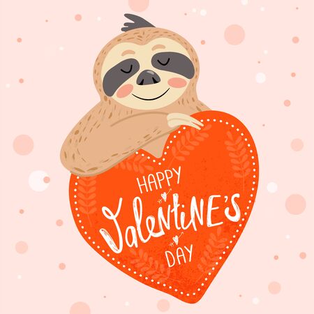 Valentine's day card with sloth in love. Cute animal with valentines card and stylish lettering. Vector illustration.のイラスト素材