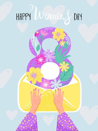 International Women's Day greeting card. 8 shape with flowers in the postal envelope. Greeting envelope  in hand. Spring time. Vector illistration.のイラスト素材