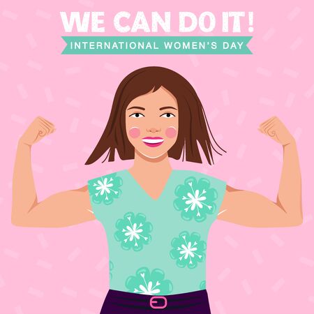 Feminism, girl power, International Women's Day concept. Strong girl showing her muscularity. Women empowerment. Vector illustration.のイラスト素材