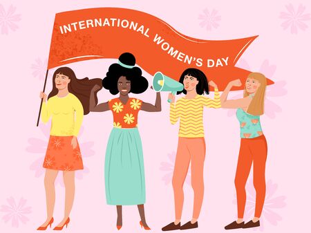Feminism, girl power, International Women's Day concept. Group of women different nationalities and cultures protesting and vindicating their rights. Women empowerment. Vector illustration.のイラスト素材