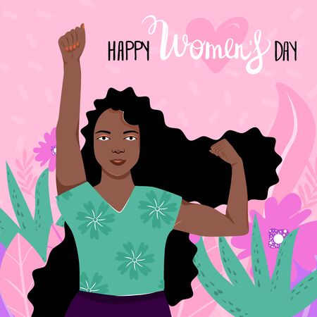 Feminism, girl power, International Women's Day concept with flowers and leaves. Strong afro-american girl showing her power. Women empowerment. Vector illustration.のイラスト素材