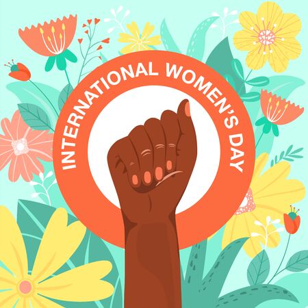 International Women's Day, feminism, girl power, concept. Feminism symbol. Fighting afro-american fist of a woman with flowers and leaves. Fight for the rights and equality. Vector illustration.のイラスト素材
