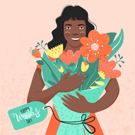 8 march, International Women's Day greeting card. Beautiful afro-american women holding a bouquet of flowers in her hands. Vector illustration.のイラスト素材