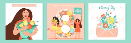 Set of Women's Day greeting card. Beautiful girl and flowers. Vector illustration. のイラスト素材