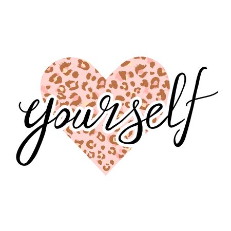 Fashion t-shirt print with slogan and leopard heart.  Trendy typography slogan design "love yourself" sign. Vector hand drawn illustration on white background.のイラスト素材
