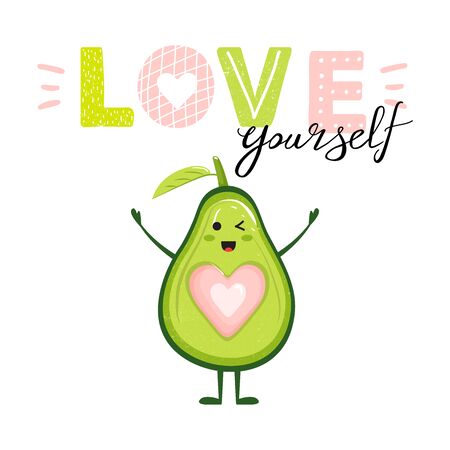 Cartoon cute avocado character with heart and trendy lettering. Stylish typography slogan design "Love yourself" sign. Design for t shirts, stickers, posters, cards etc. Vector illustration on white background.のイラスト素材