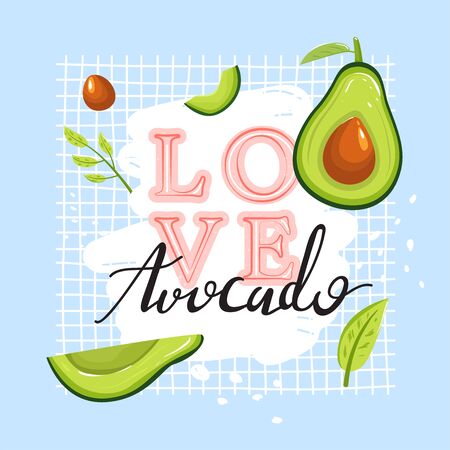 Cute avocado fruit with heart, abstract elements and trendy lettering. Stylish typography slogan design "Avocado love" sign. Design for t shirts, stickers, posters, cards etc. Vector illustration.のイラスト素材