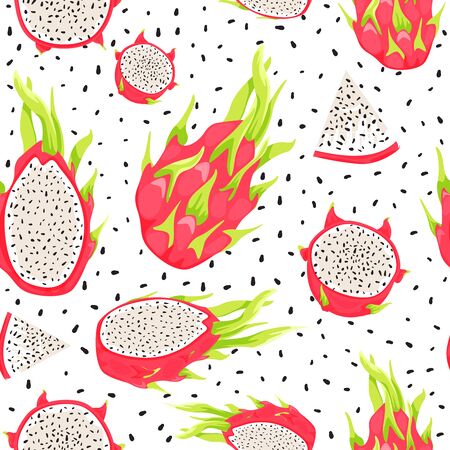 Seamless tropical pattern with dragon fruits, fruit seeds and pitahaya slices. Healthy eating. Vector texture for textile, postcard, wrapping paper, packaging etc. Vector illustration.のイラスト素材
