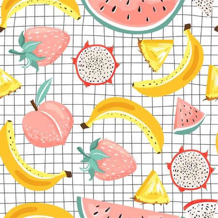 Contemporary seamless tropical pattern with watermelon, dragon fruit, pineapple, bananas, peach and strawberry. Summer vibes. Texture for textile, postcard, wrapping paper, packaging etc. Vector illustration on checkered background.のイラスト素材