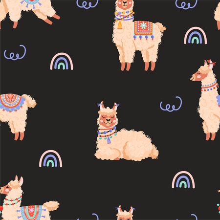 Seamless pattern with cute llama and rainbow. Childhood background. Texture for textile, postcard, wrapping paper, packaging etc. Vector illustration on black background.のイラスト素材