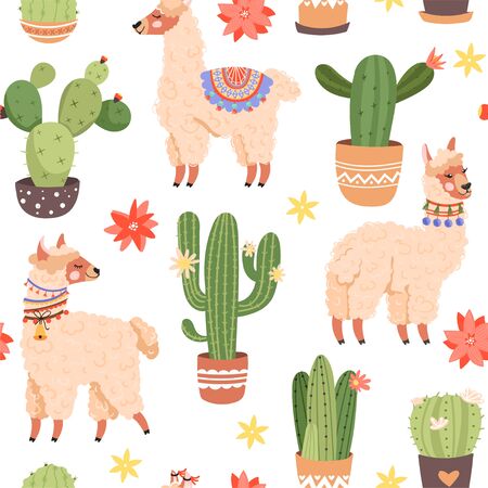 Seamless pattern with cute llama, various cactus and flowers. Texture for textile, postcard, wrapping paper, packaging. Vector illustration.のイラスト素材