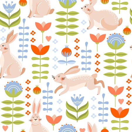 Easter seamless pattern with cute various bunnies, flowers and leaves. Texture for textile, postcard, wrapping paper, packaging etc. Vector illustration.のイラスト素材