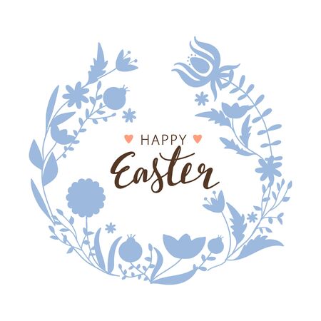 Happy Easter greeting card. Spring floristic frame border with silhouette flowers, branch and leaves. Creative lettering composition. Vector illustration for card, invitation, poster, flyer etc.のイラスト素材