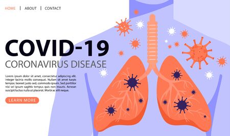 Human body with lungs. Respiratory system with 2019-nCoV Coronavirus. COVID-19 spread of the virus. Healthcare vector landing page, website and banner illustration.のイラスト素材