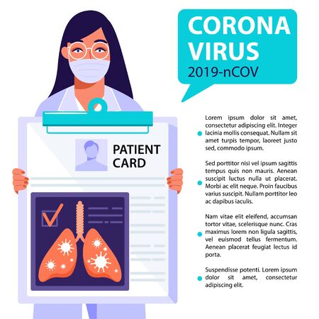 Professional doctor holding clipboard with patient card. Patient has respiratory system with 2019-nCoV Coronavirus. Doctor informing people about COVID-19 prevention measures. Vector.のイラスト素材
