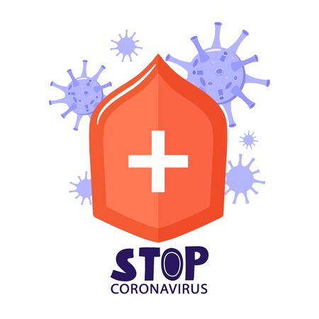 Stop 2019-nCoV Coronavirus. Virus pandemic protection concept with shield. Vector banner illustration.のイラスト素材