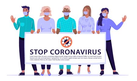 Group of people holding cardboard with stop coronavirus symbol and copy space. Womanâs and menâs wearing medical masks to prevent COVID-19. Vector banner illustration.のイラスト素材