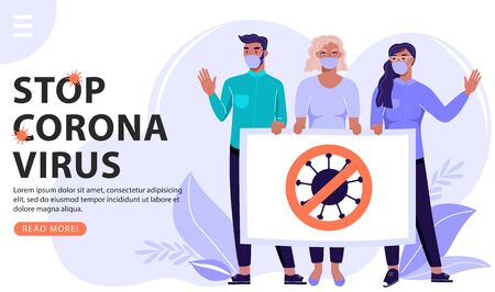 Group of people holding cardboard with stop coronavirus symbol. Womanâs and menâs wearing medical masks to prevent COVID-19. Vector web page banner illustration.のイラスト素材