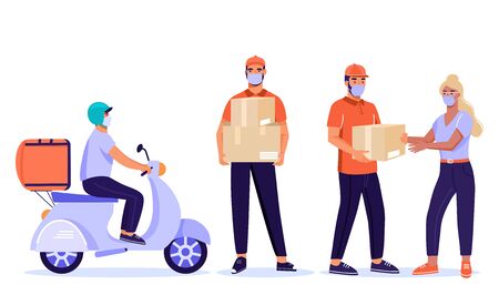 Set of safe online delivery service illustration. Man courier with parcel riding on scooter and client. Online order during quarantine. Vector illustration on white background.のイラスト素材