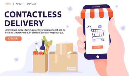 Contactless delivery service concept. Hand holding smartphone with basket icon. Retail mobile App. Online order during quarantine. Vector web page banner illustration.のイラスト素材