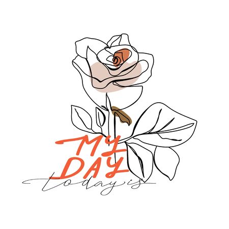 Trendy abstract one line rose flower with pastel shapes and lettering. Fashion typography slogan design " Today is my day " sign. Continuous line print for textile, poster, card, t-shirt etc. Vector illustration.のイラスト素材