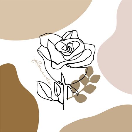 Trendy abstract one line rose flower with pastel shapes and lettering. Fashion typography slogan design " forever " sign. Continuous line print for textile, poster, card, t-shirt etc. Vector illustration.のイラスト素材