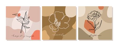 Set of design illustrations with one line continuous flowers, leaves and calligraphy phrases. Abstract contemporary collage with geometric shapes. Design templates for social media stories, covers, t-Shirt print, postcard, banner etc. Vector.のイラスト素材