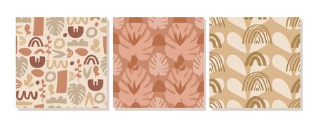 Set of contemporary collage seamless pattern. Terracotta various abstract shapes. Texture for textile, packaging, wrapping paper, social media post etc. Vector illustration.のイラスト素材
