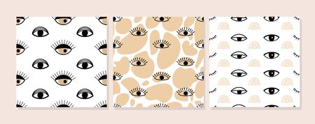 Set of contemporary collage seamless pattern. Psychedelic eyes and contemporary abstract shapes. Different kind of eyes. Texture for textile, packaging, wrapping paper, social media post etc. Vector illustration.のイラスト素材