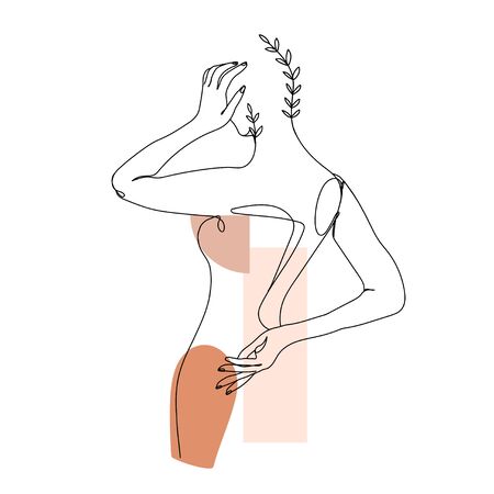 Trendy one line woman body with branch of leaves and abstract geometric shapes. Elegant continuous line print for textile, poster, card, t-shirt etc. Vector fashion illustration.のイラスト素材