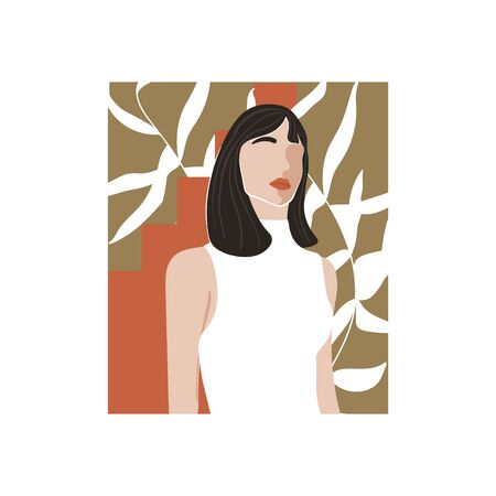 Contemporary fashion collage with abstract woman portrait, leaves and geometric elements. Trendy illustration in minimalistic style. Vector print poster, card, invitation, t-shirt etc.のイラスト素材