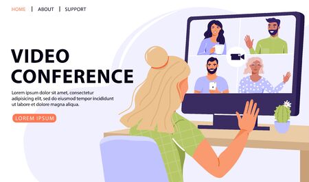 Video conference or online meeting concept. Woman having video call with friends and colleagues using the computer. Video chat. Vector web page banner illustration. のイラスト素材