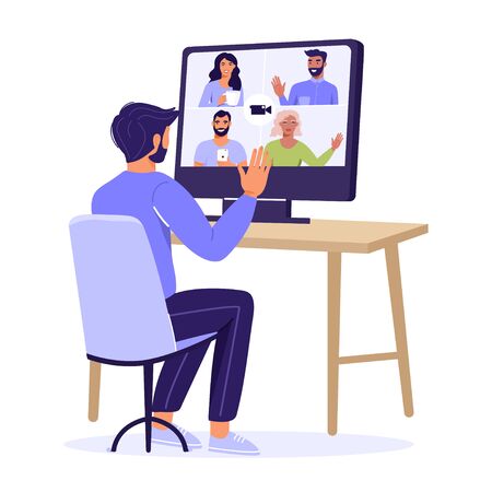 Video conference or online meeting concept. Man having video call with friend using the computer. Video chat. Vector illustration on white background. のイラスト素材