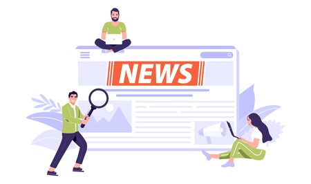 Online breaking news concept. Mens and women reading news with a magnifying glass and on laptop. Vector illustration on white background.のイラスト素材