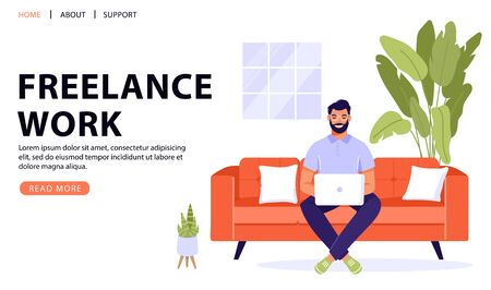 Work at home or remote work concept design. Freelance man sitting on sofa and working on laptop. Comfortable conditions for job. Vector web page banner illustration.のイラスト素材
