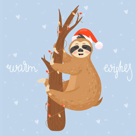 Christmas and Happy New Year card with sloth. Cute lazy sloth hanging on a branch.のイラスト素材