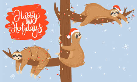 Christmas and Happy New Year card with slothes. Cute lazy slothes hanging on a branch. Animal wearing Santa hat and garland.のイラスト素材